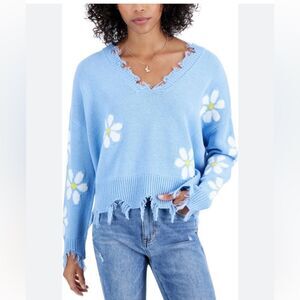 Just Polly Juniors' Sz Med Blue Daisy Print Destructed Hem Drop Sleeve Sweater
